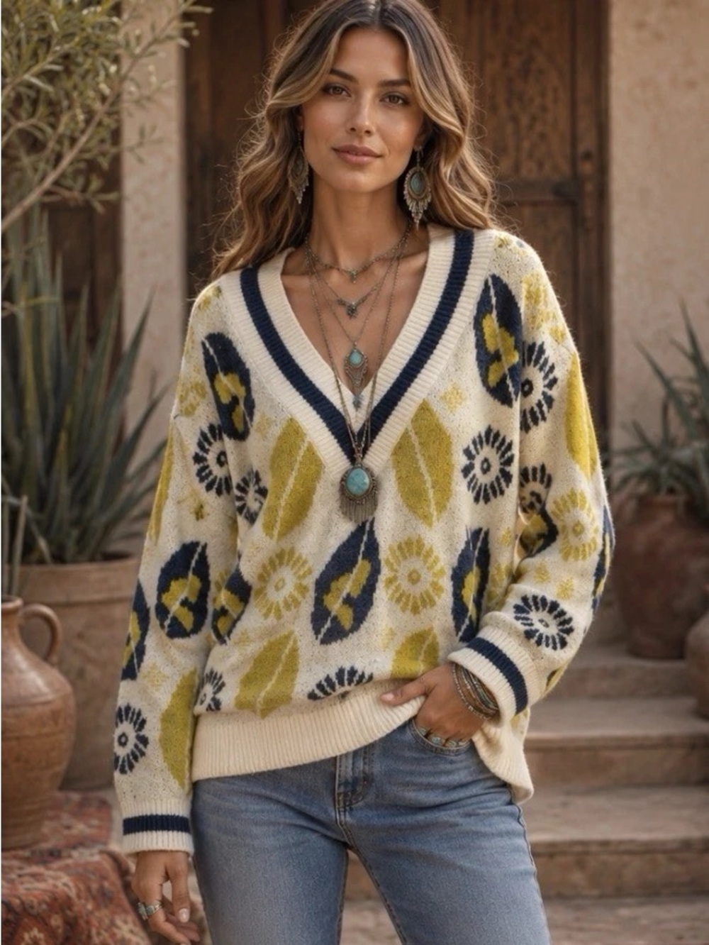 NWOT POL Oversized V-Neck Leaf Patterned Knit Sweater
